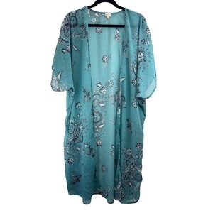 Dizzy Gal Teal Paisley Sheer Kimono Women's Sz M Boho Festval Beachy Lightweight
